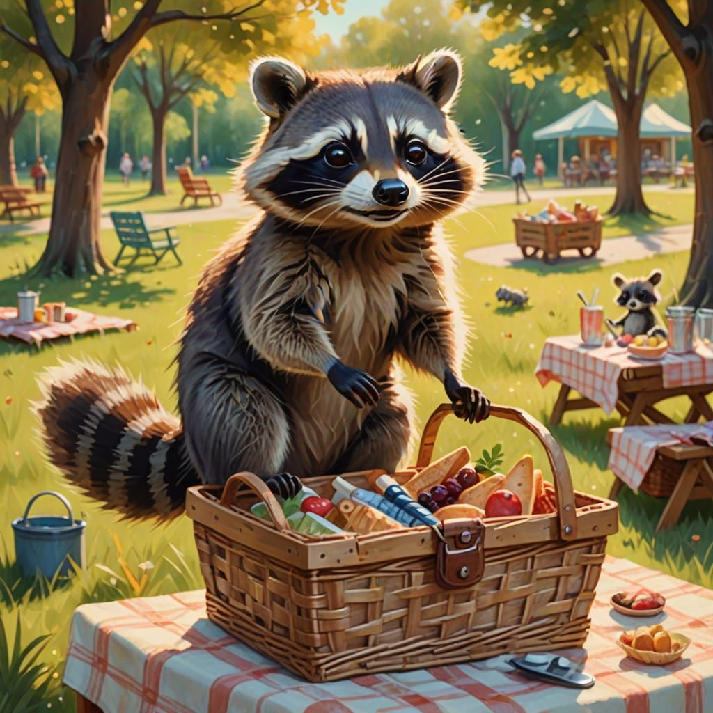 Raccoon Raids Picnic Basket: Oil Painting