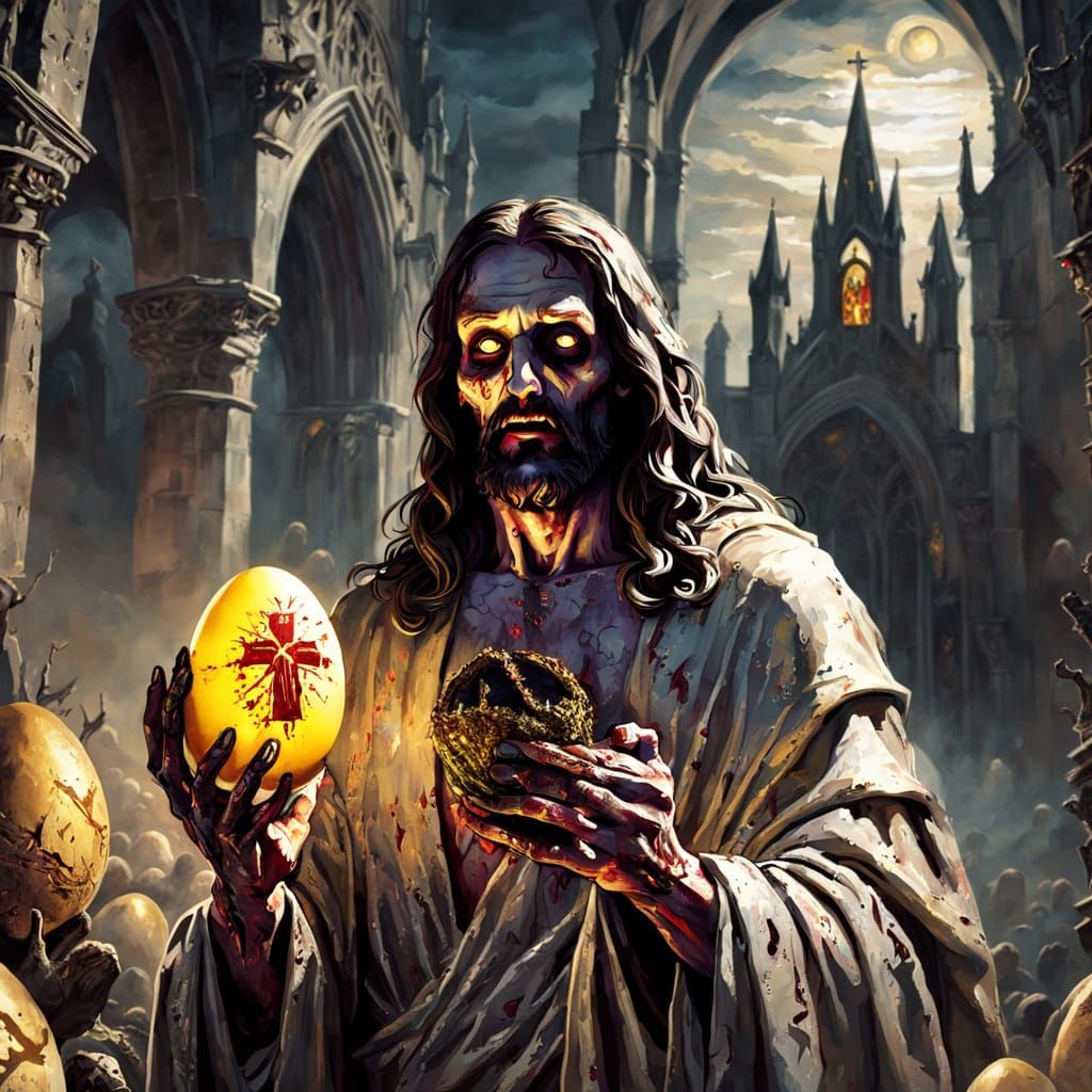 Zombie Jesus Holding Glowing Easter Egg in Gothic Cathedral