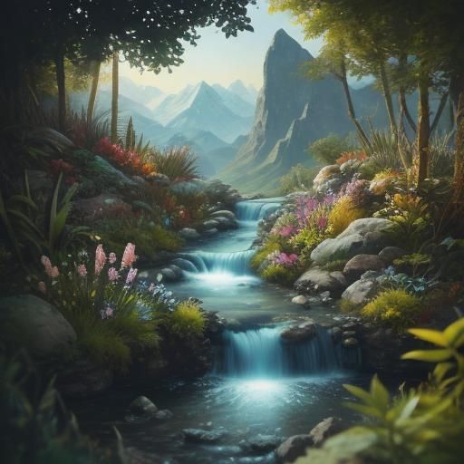 Retrofuturist Mountain Stream in Mixed Media