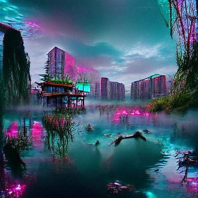 Cyberpunk Lagoon at Night