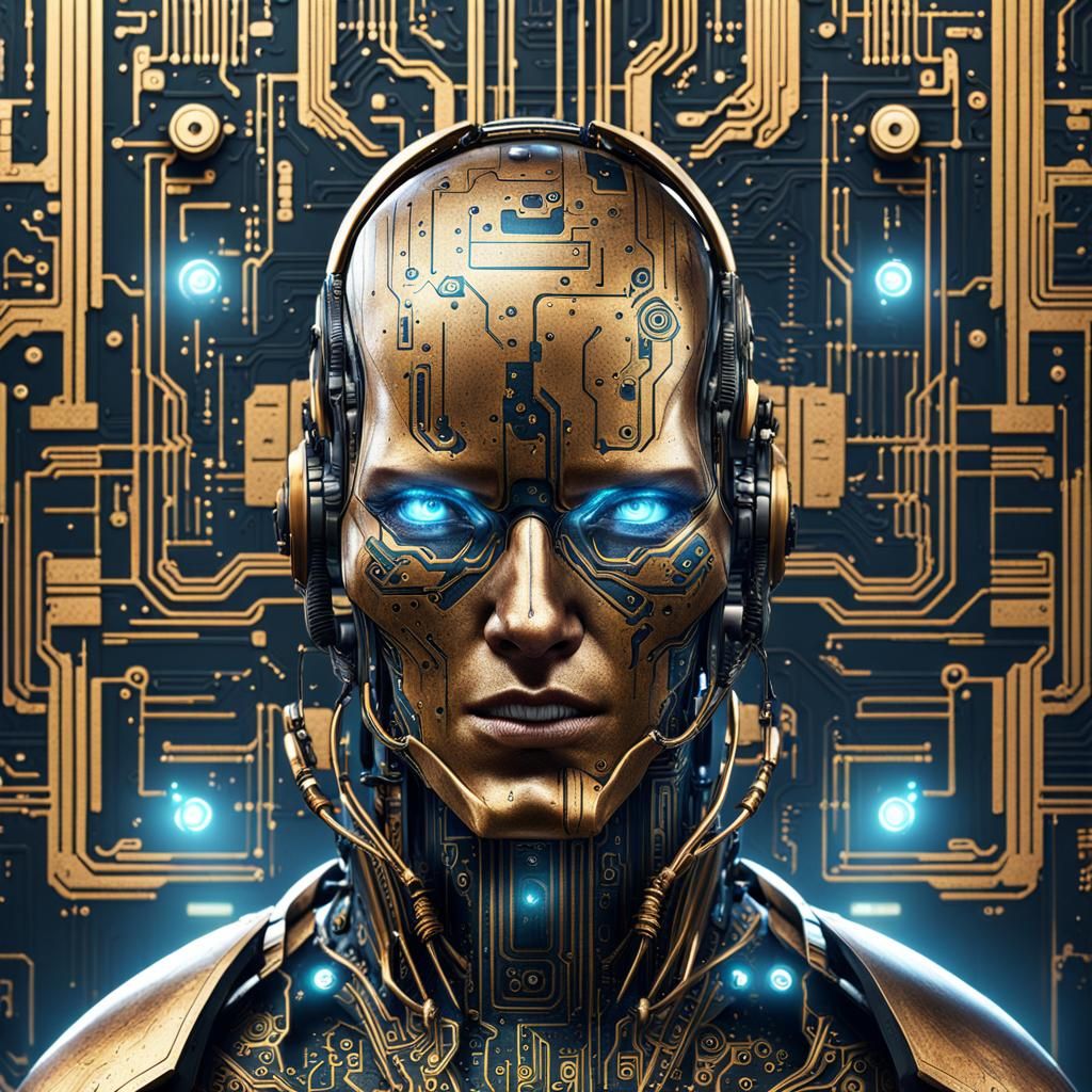 Android with Circuit Board Face: Detailed Matte Painting