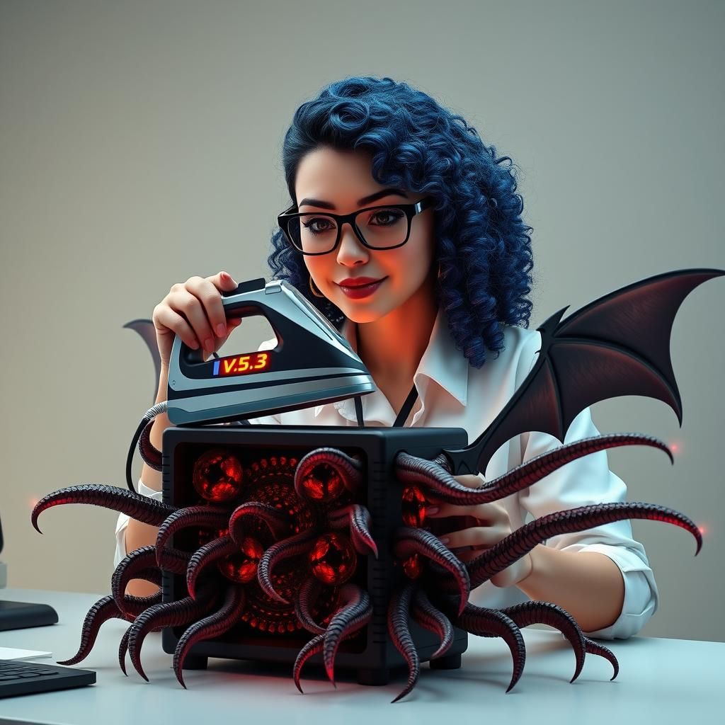 Woman Irons Demons from Computer: Whimsical Digital Art