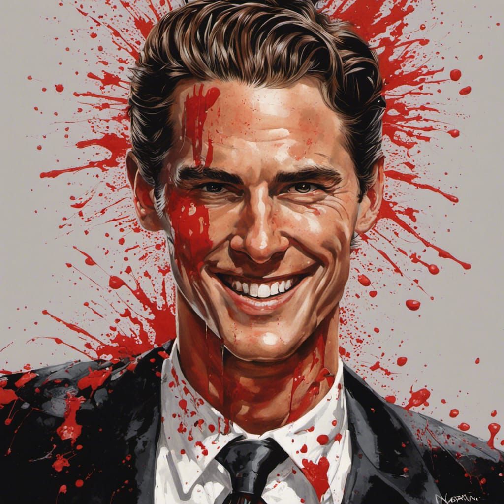 Blood-Splattered Patrick Bateman Portrait in Rockwell Style