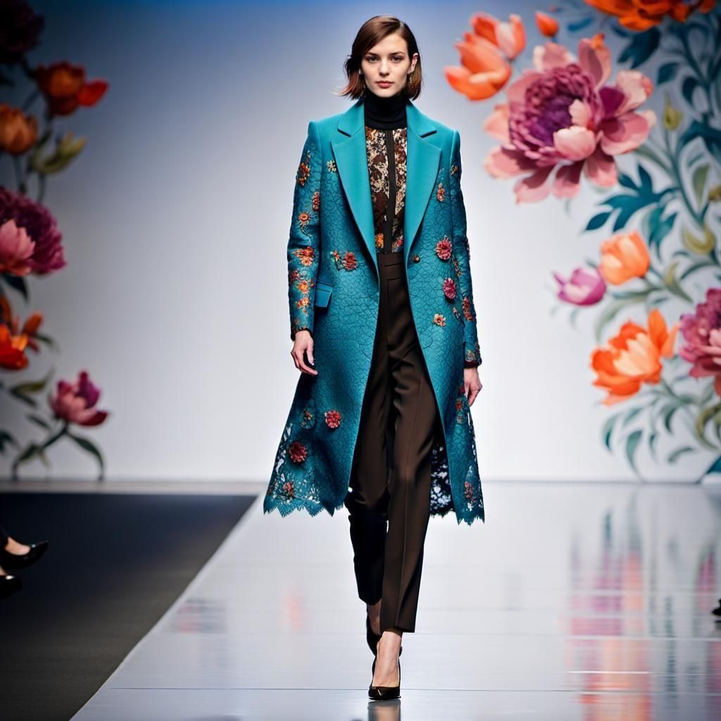 Runway Model Showcases Vibrant Floral Evening Suit