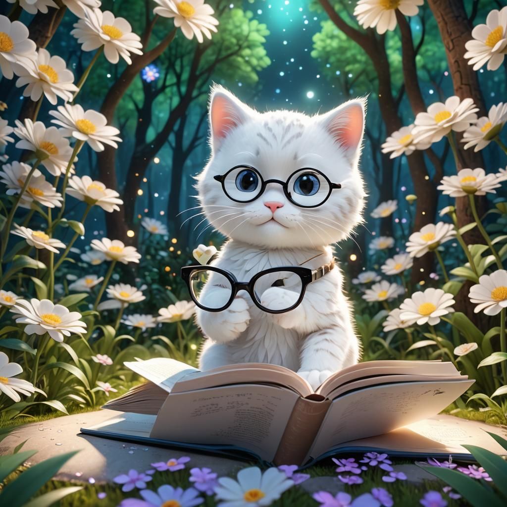 Cute Kitty Reads in Forest Starlight: 3D Digital Art