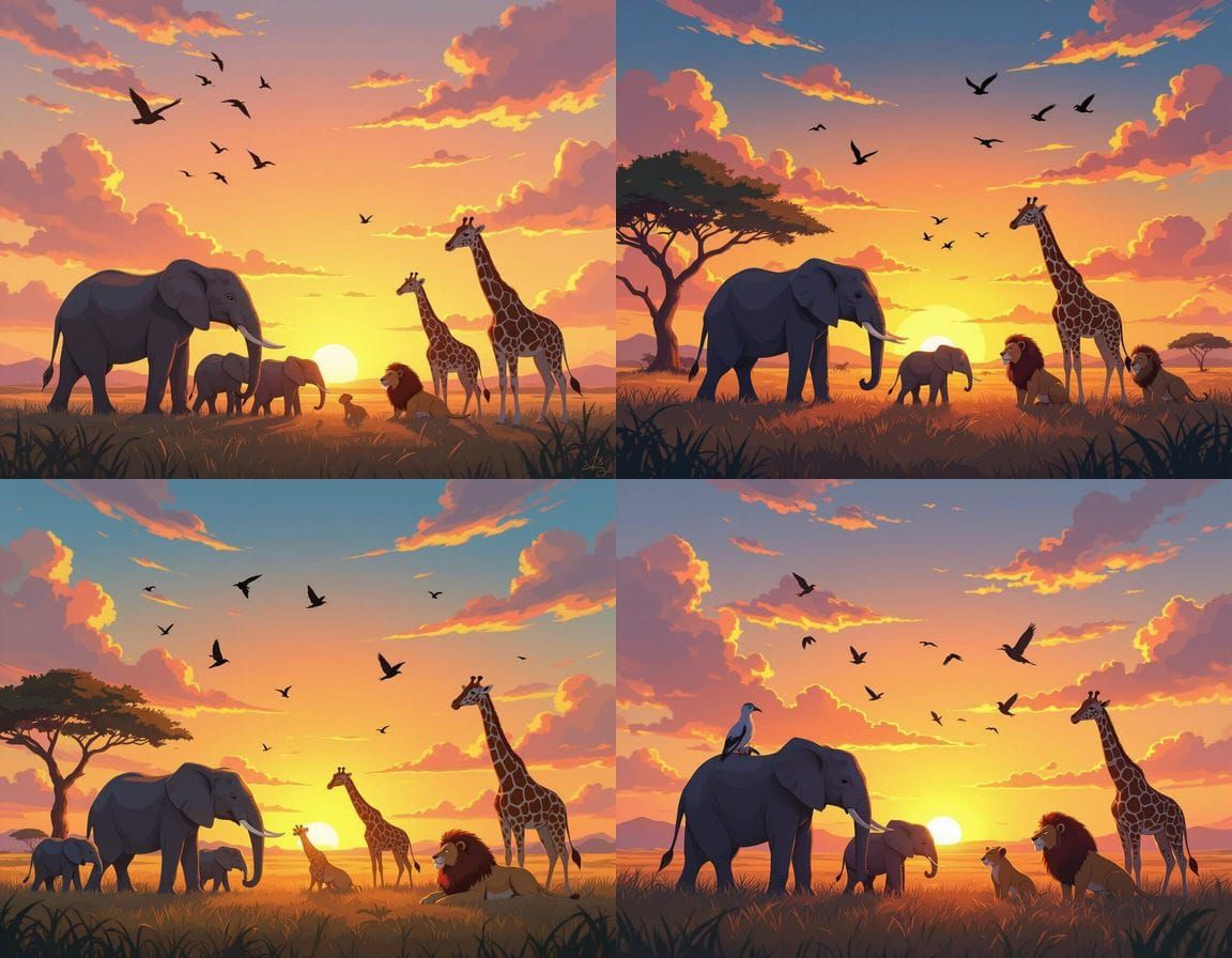 Sunset Safari Landscape with Animal Families