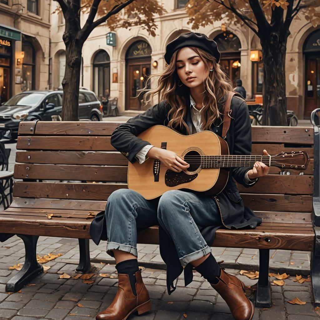 Girl Plays Guitar on Cozy Street, Detailed Matte Painting