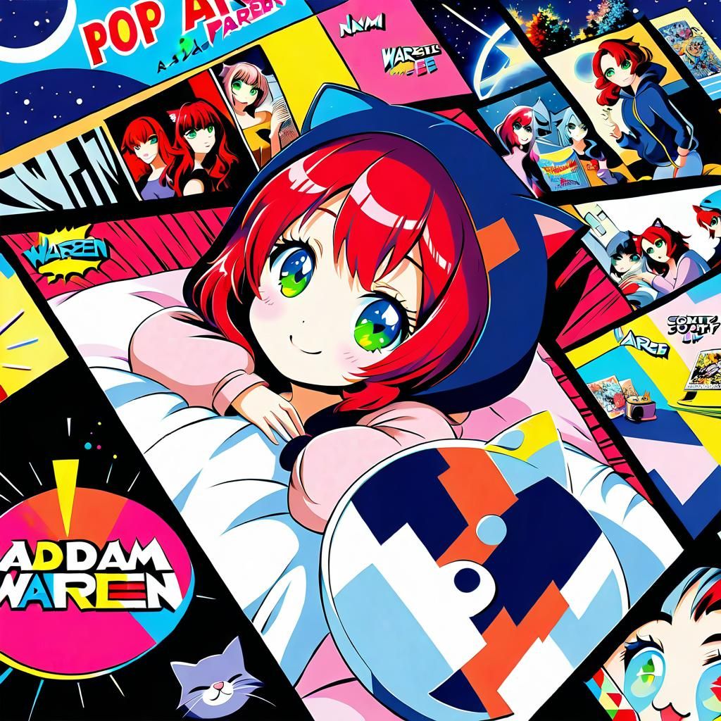 Pop Art Girl in Cat Pajamas, Tokyo Bedroom