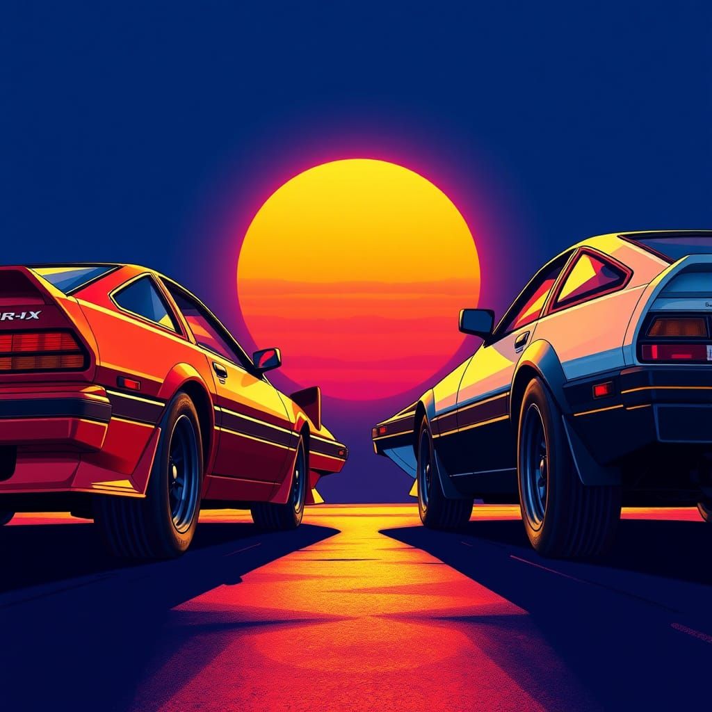 Honda crx versus toyota ae86 Masterpiece, Best Quality, flat, Manga Scan, Anime, cinematic lighting, drawn Art, by Studi...