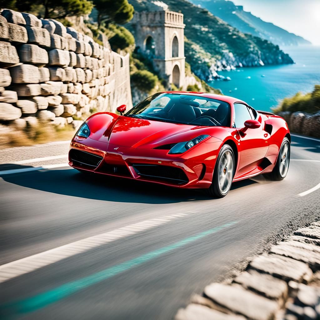 Red Sports Car on Amalfi Coast: High-Speed Photography