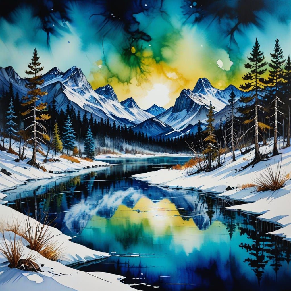 Alcohol Ink Winter Lake Landscape Painting