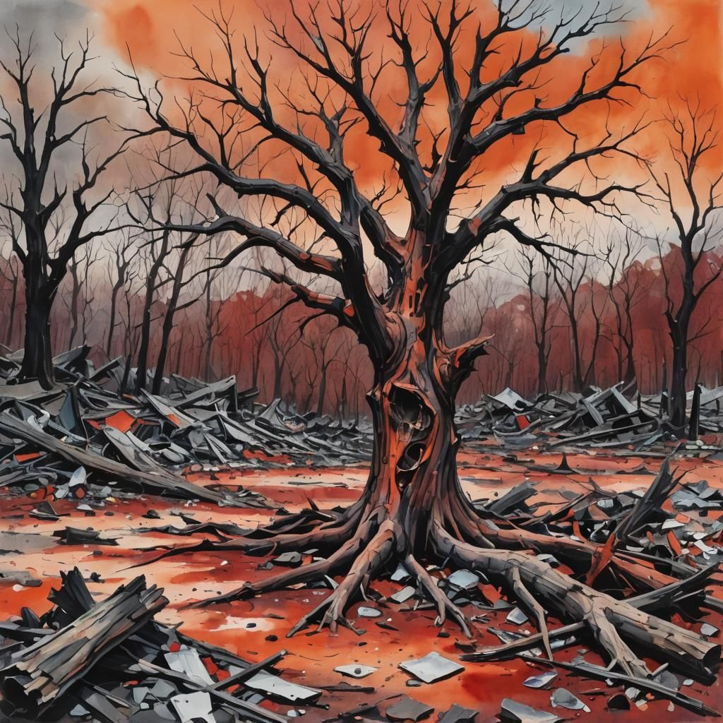 Barren Landscape: Dying Tree in Gouache Watercolor