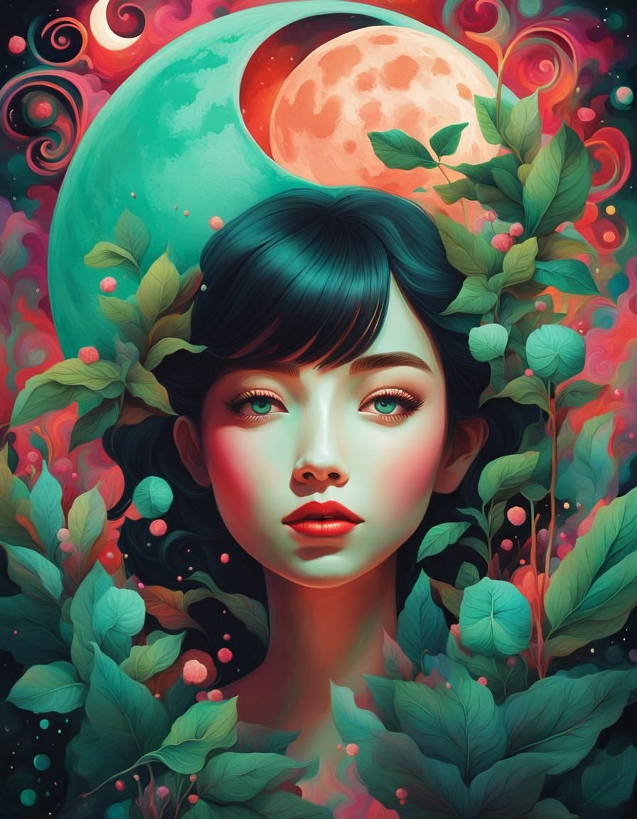 Dreamy Peppermint Moon with Girl, Abstract Fantasy Art