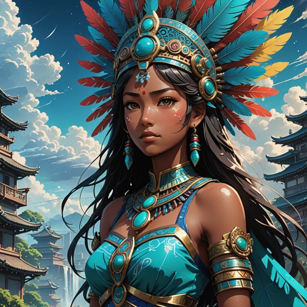 Majestic Aztec Princess in Vibrant, Anime-Inspired Regalia