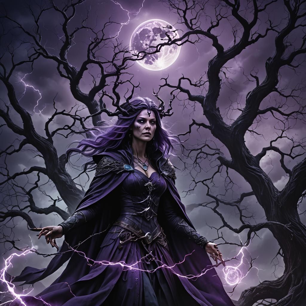 Mysterious Sorceress Conjures Lightning in Dark Fantasy Art