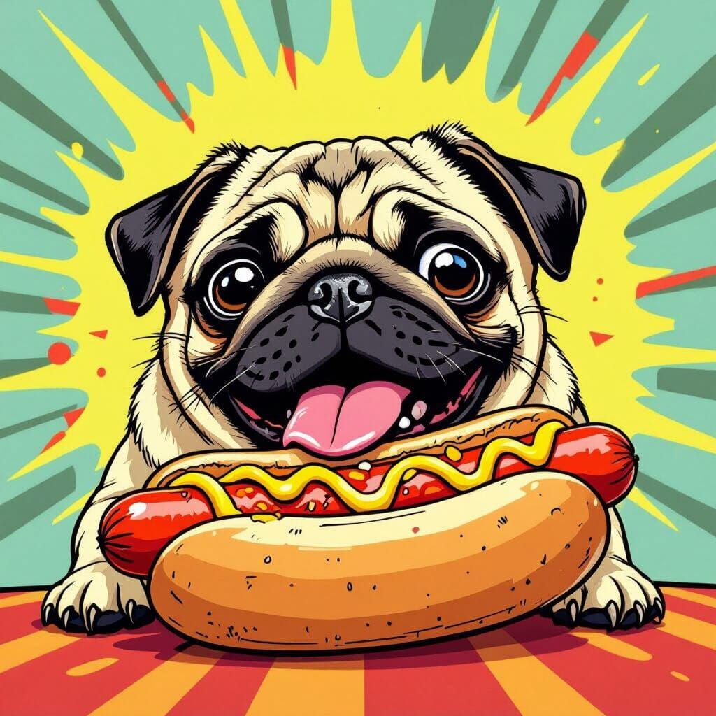 Plump Pug Joyfully Eats Hotdog in Comic Book Style