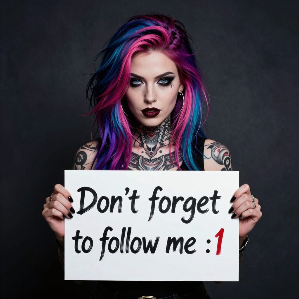 Attractive Tattoo Artist with Colorful Hair Holding Sign