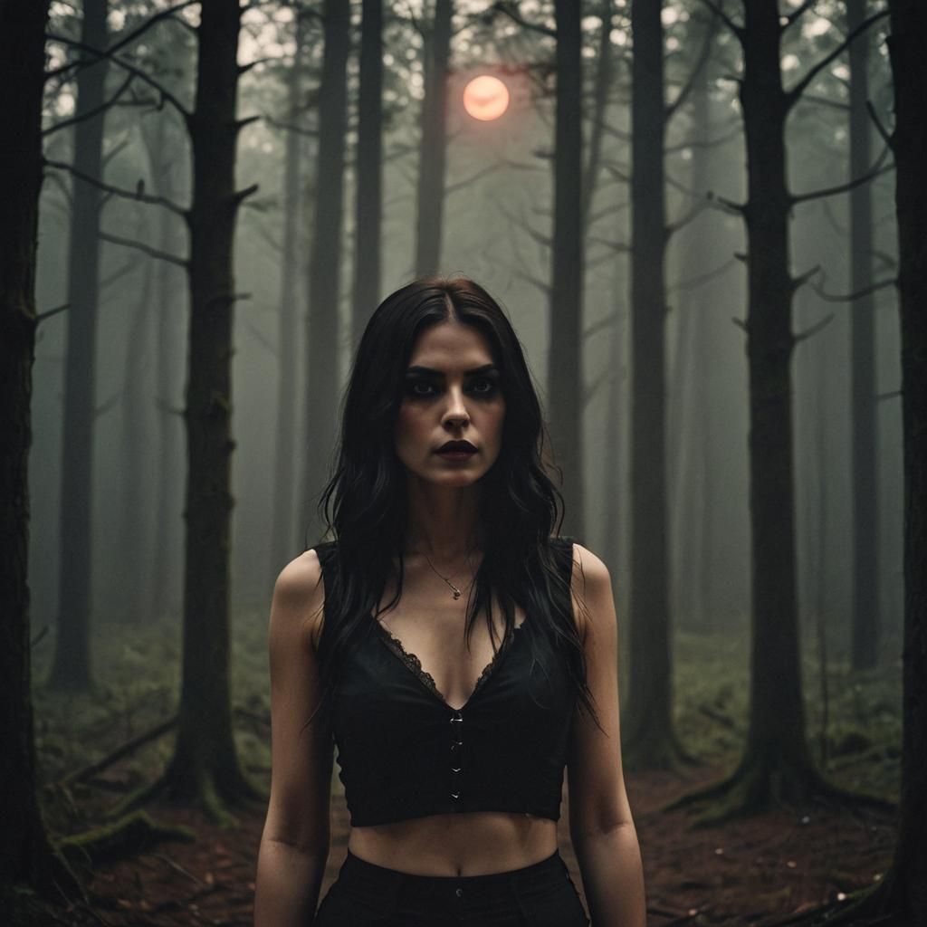 Vampiric Emo Woman in Misty Forest: Cinematic Still