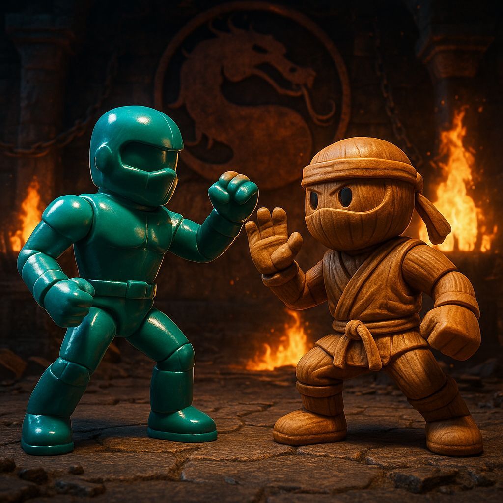 Plastic toy vs. wooden toy in epic Mortal Kombat video game setting, highly detailed video game quality
