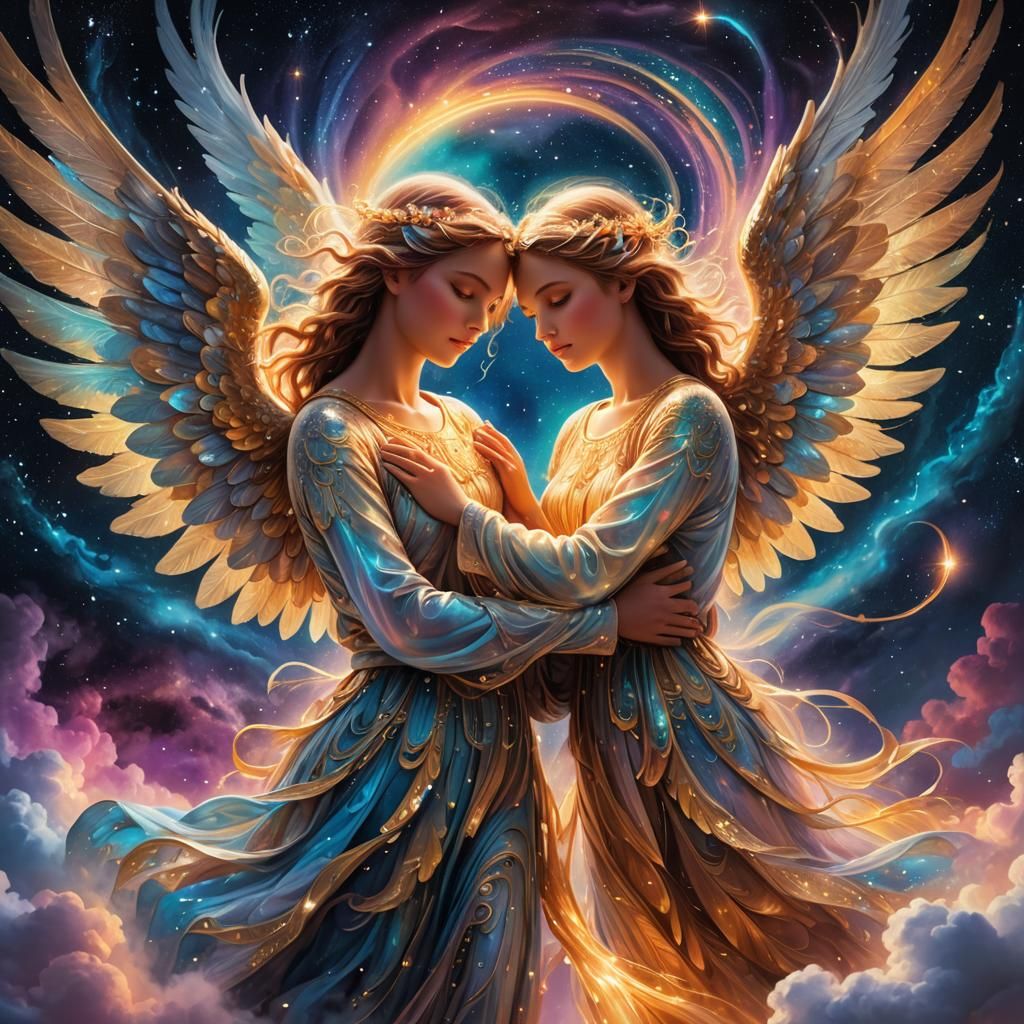 Angels Embrace in Cosmic Starlight: Visionary Art