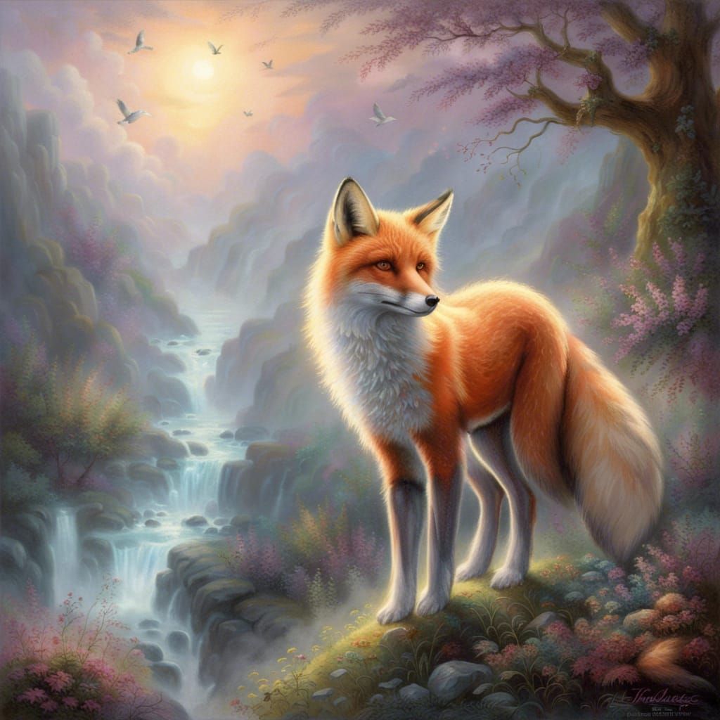 Ethereal Phoenix Fox in a Misty Landscape