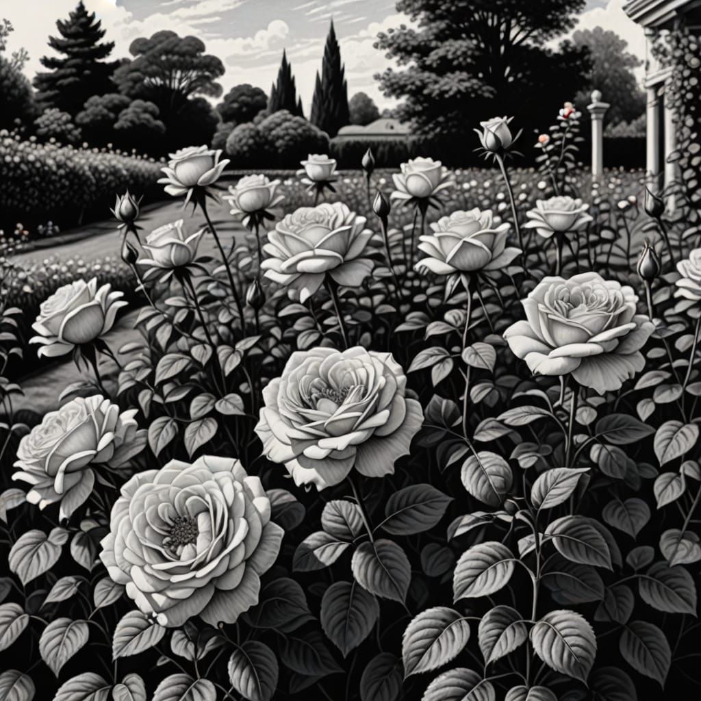 Ultra-Detailed Pencil Sketch of a Rose Garden