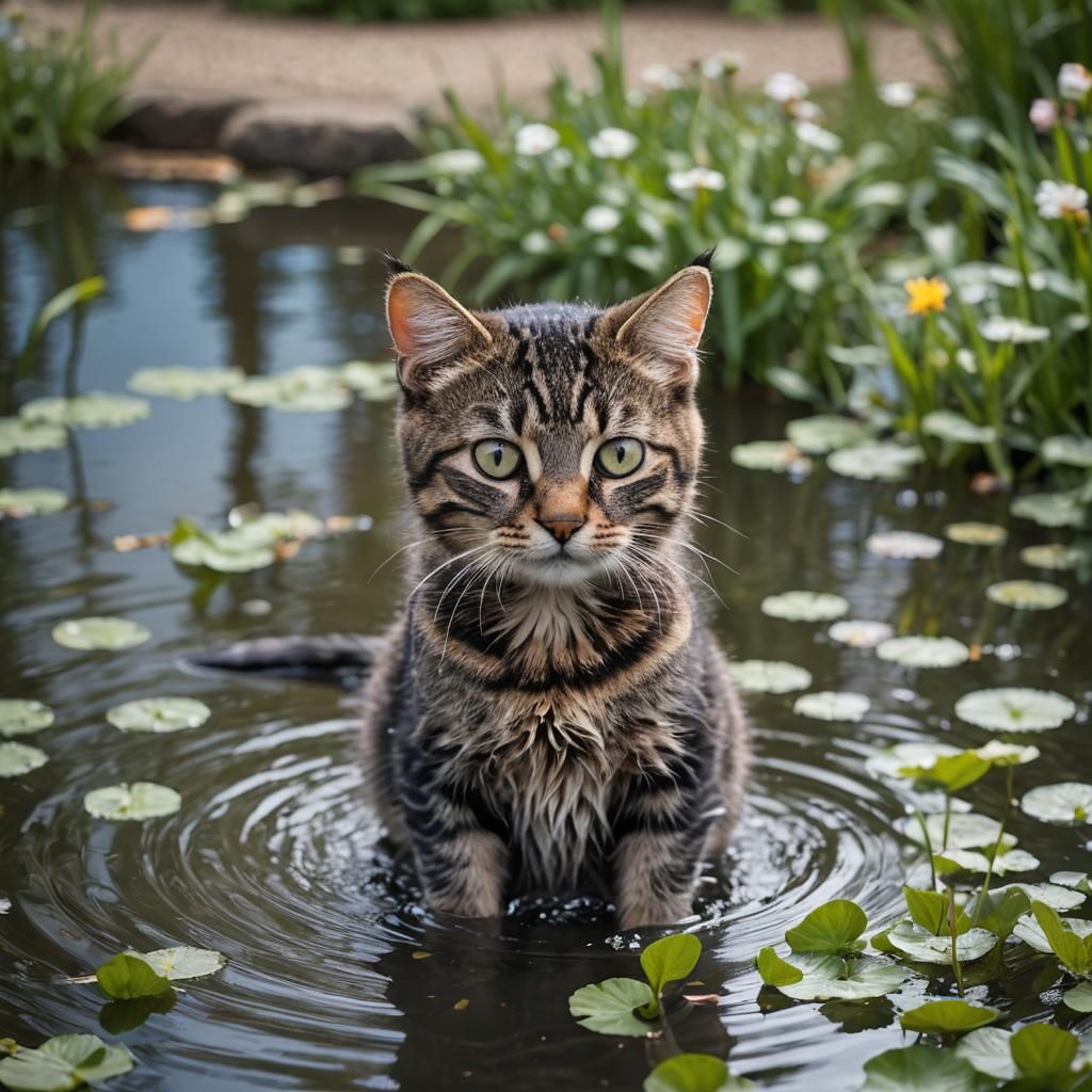 Cat Bathes in Garden Pond: Professional Photography