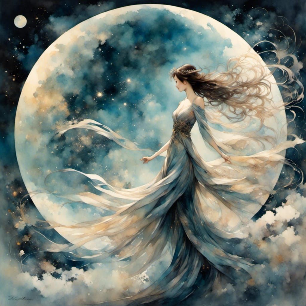 Divine Woman Silhouette Before Moon, in Shoujo Manga Style