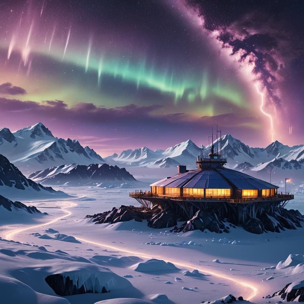 Glowing Antarctic Research Station at Night