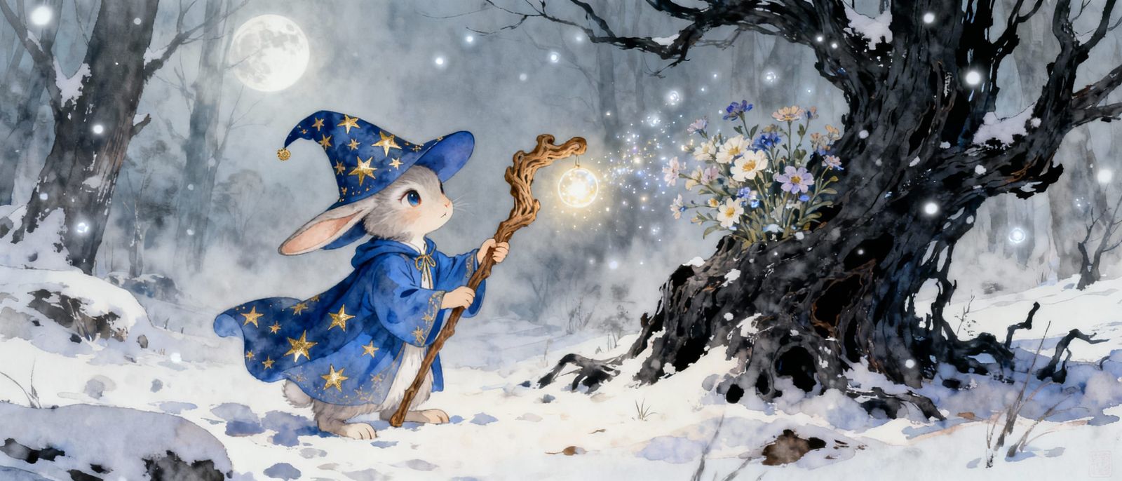Rabbit Wizard Casting Spell in Snowy Forest