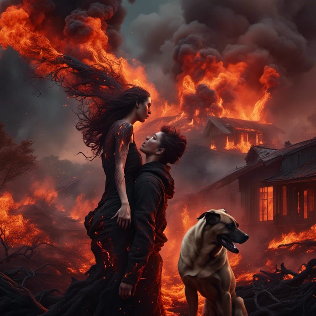 Woman and Dog in Firestorm, Splash Art Style