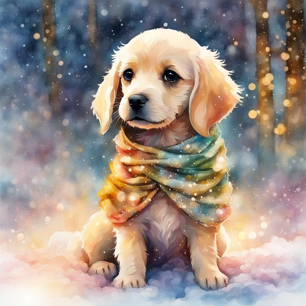 Christmas Puppy Silhouette in Fantasycore Watercolour Style