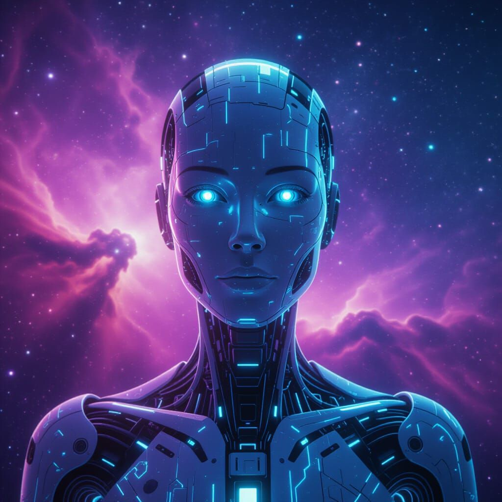 Ethereal Android of Light in Cosmic Nebula