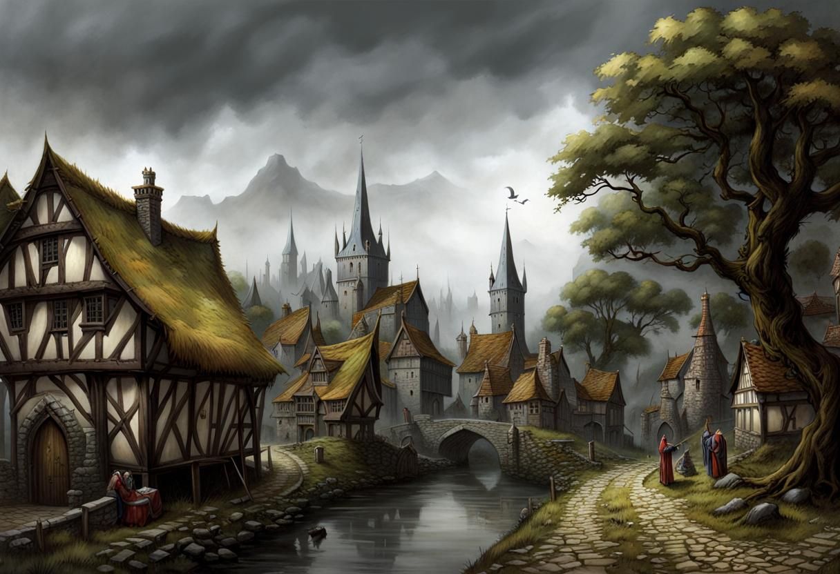 Gloomy Medieval Fantasy Town Illustration