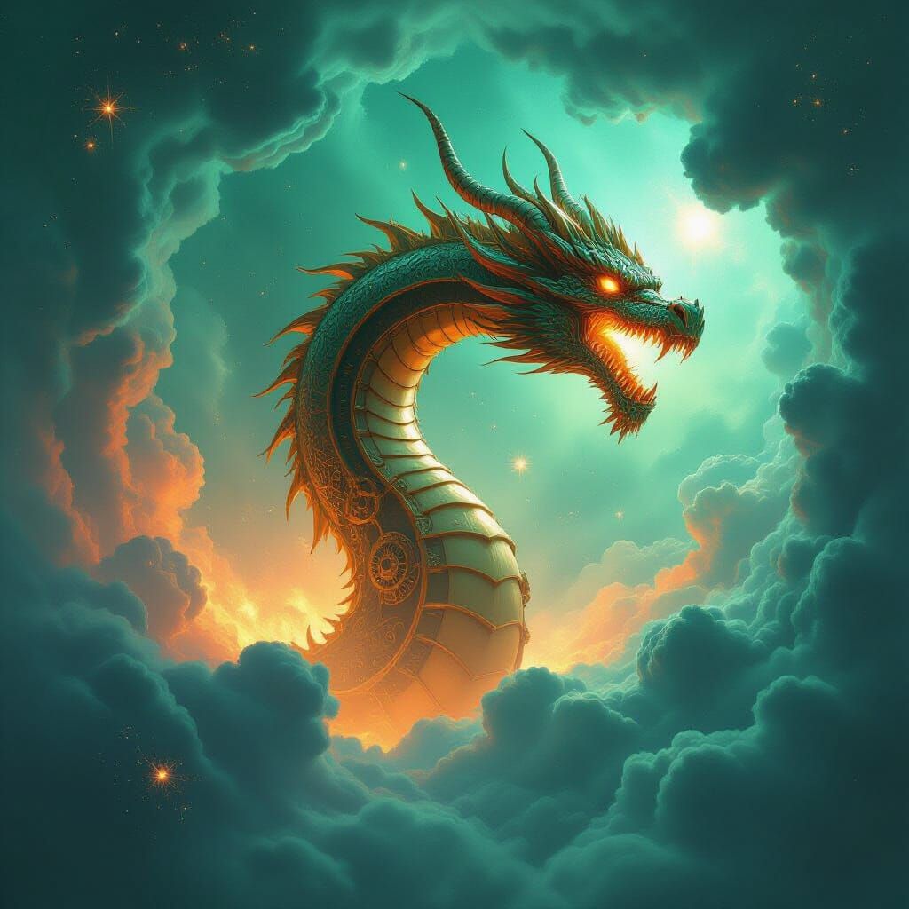 Colossal Clockwork Dragon in Cosmic Vortex