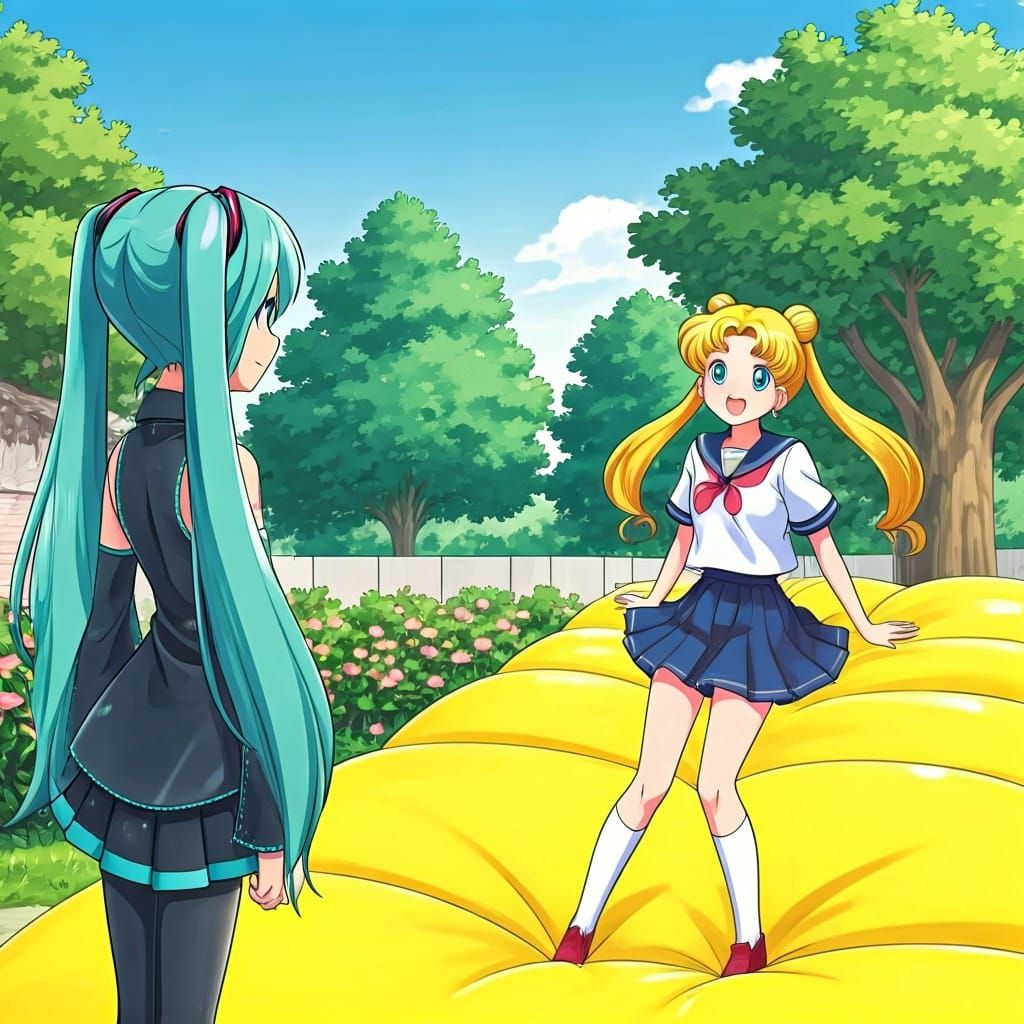 Hatsune Miku and Usagi on Bouncy Castle, Ghibli Style