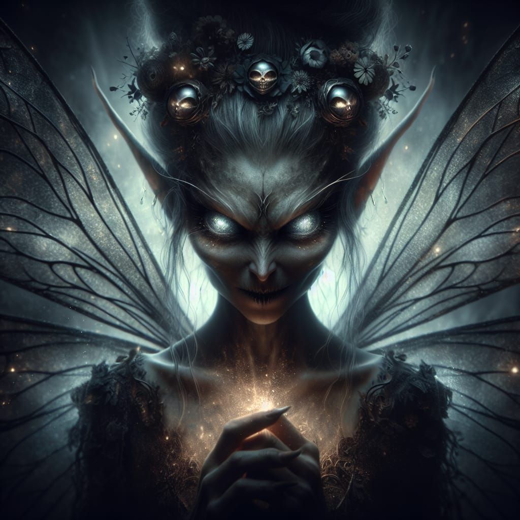 Sinister Fairy Unveils Dark Magic Wings in Mysterious Shadow...
