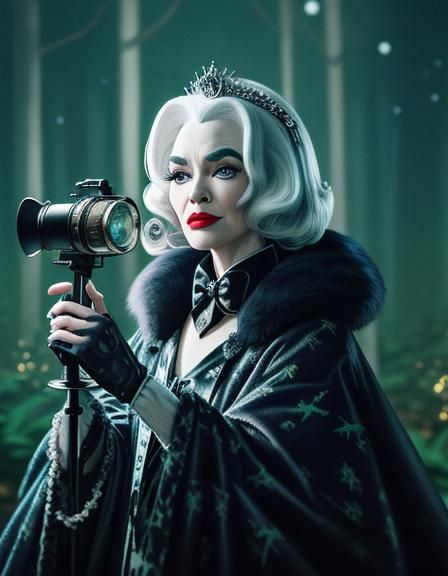 (Starlight) beautiful glittering masterpiece cute Cruella De vil from Disney cinematic  hyperrealism complex Forest back...