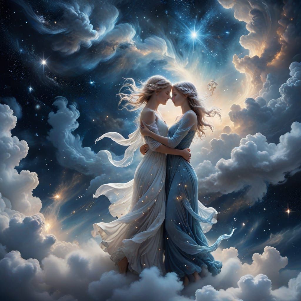 Ethereal Figures Embrace in Cosmic Cloudscape