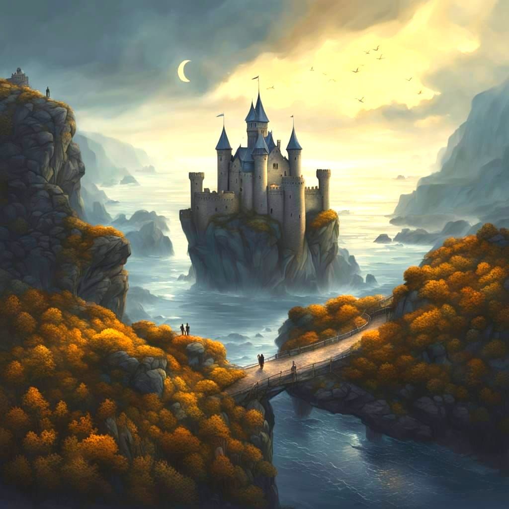 Mystical Sea Castle on Cliff in Digital Painting Style