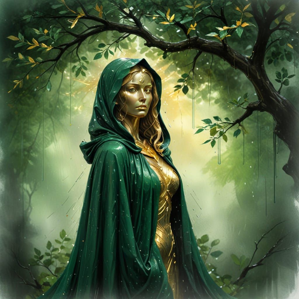 Golden Goddess in Rainy Green Cloak Watercolor Masterpiece