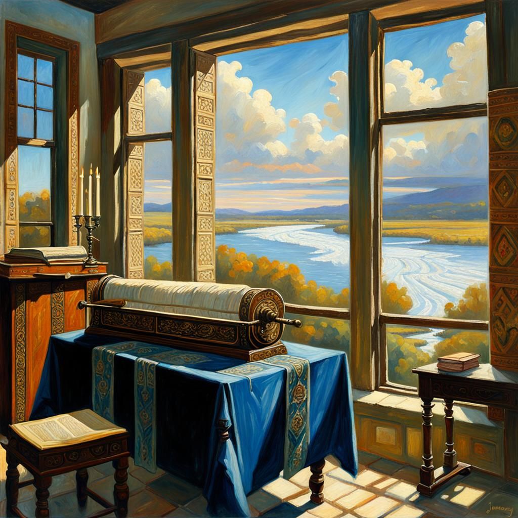Ancient Torah Scroll Near Window in Dreamlike Oil Painting
