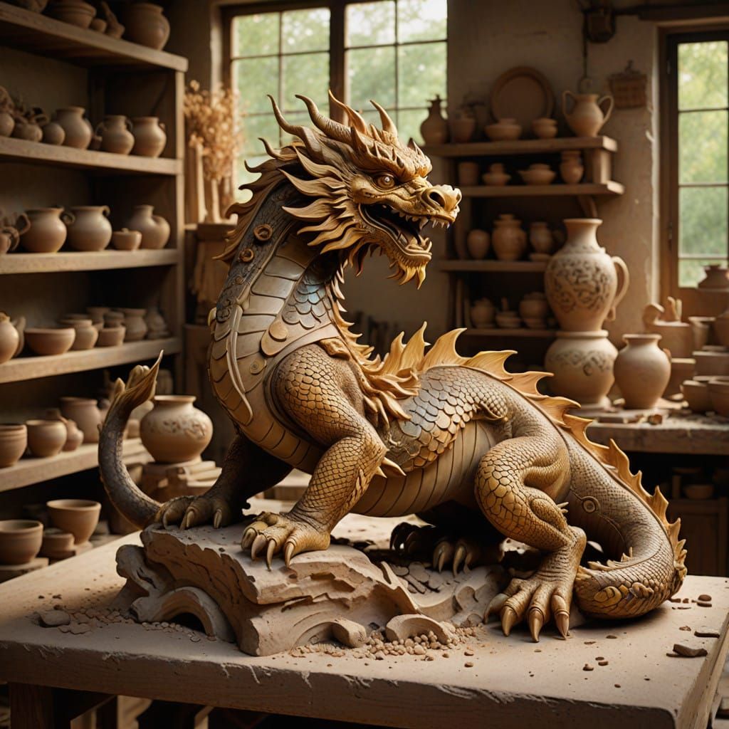 Earth-Toned Chinese Dragon Amidst Potter's Workshop
