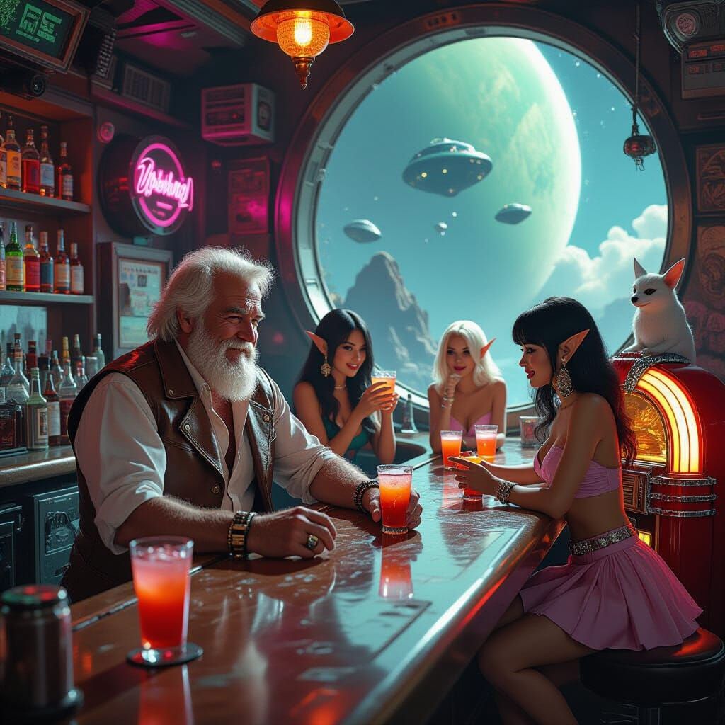 Futuristic Cantina Scene with Bartender and Aliens