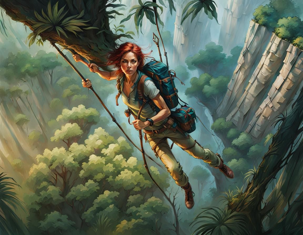 Jungle Explorer Climbing Tree: Photorealistic Pencil Sketch