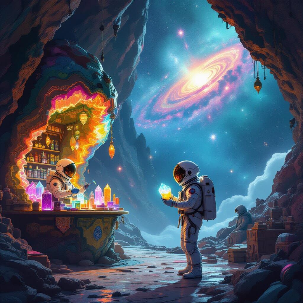 Astronaut in Alien Marketplace Among Supernovae