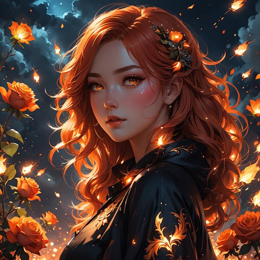 Cute Fire Girl Digital Art in Semi-Realistic Style