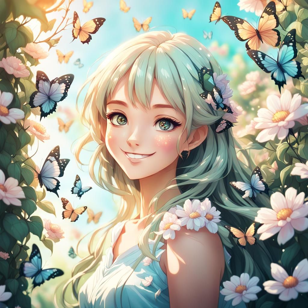 Anime Girl Surrounded by Butterflies in Pastel Colors