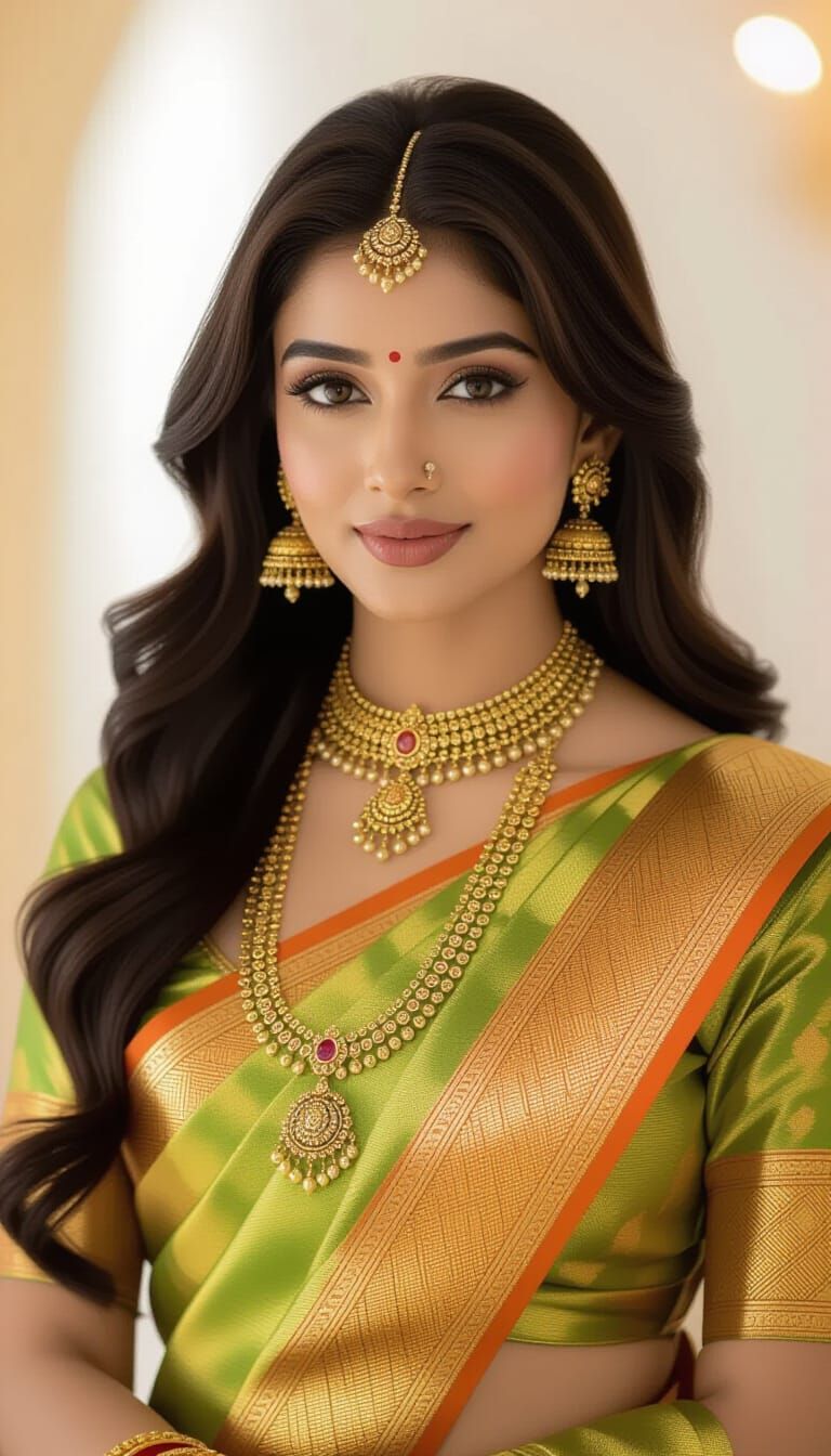 Indian Woman in Banarasi Saree with Gold Jewels