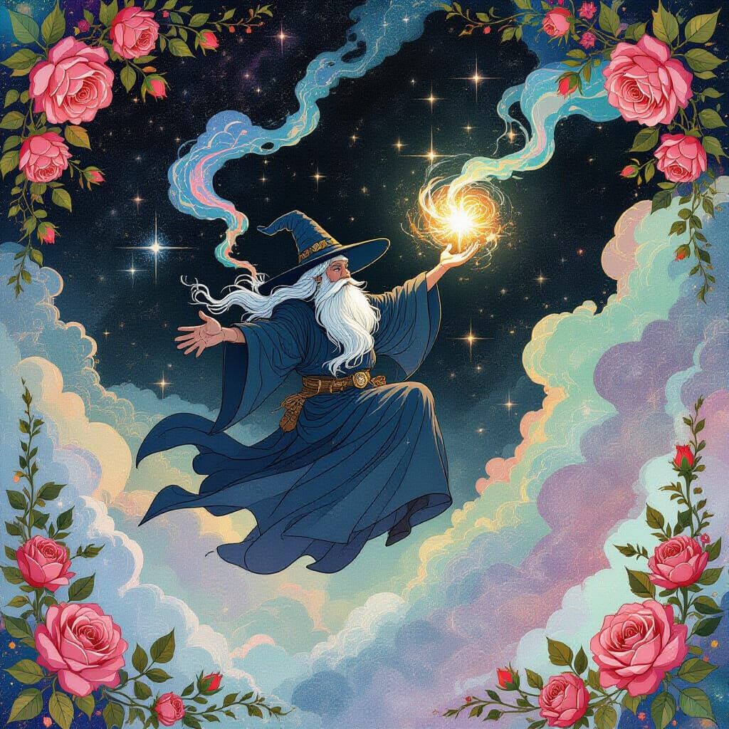 Mystical Wizard in Cosmic Nebula with Floral Accents